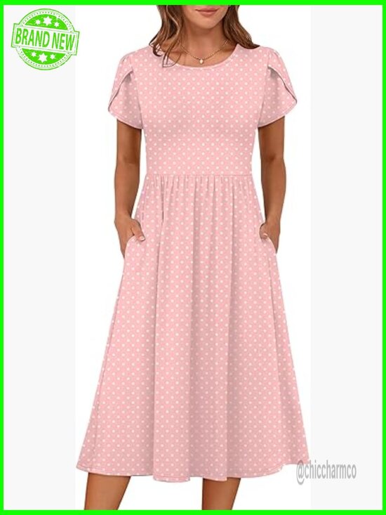 Dresses & Skirts - Women's Summer Short Sleeve A-Line Midi Dress Flowy Casual with Pockets